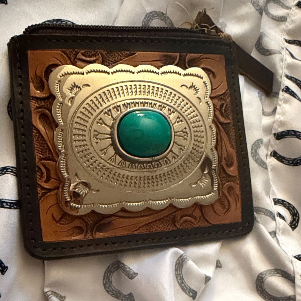 Western Tooled Leather Wallet with Turquoise Concho